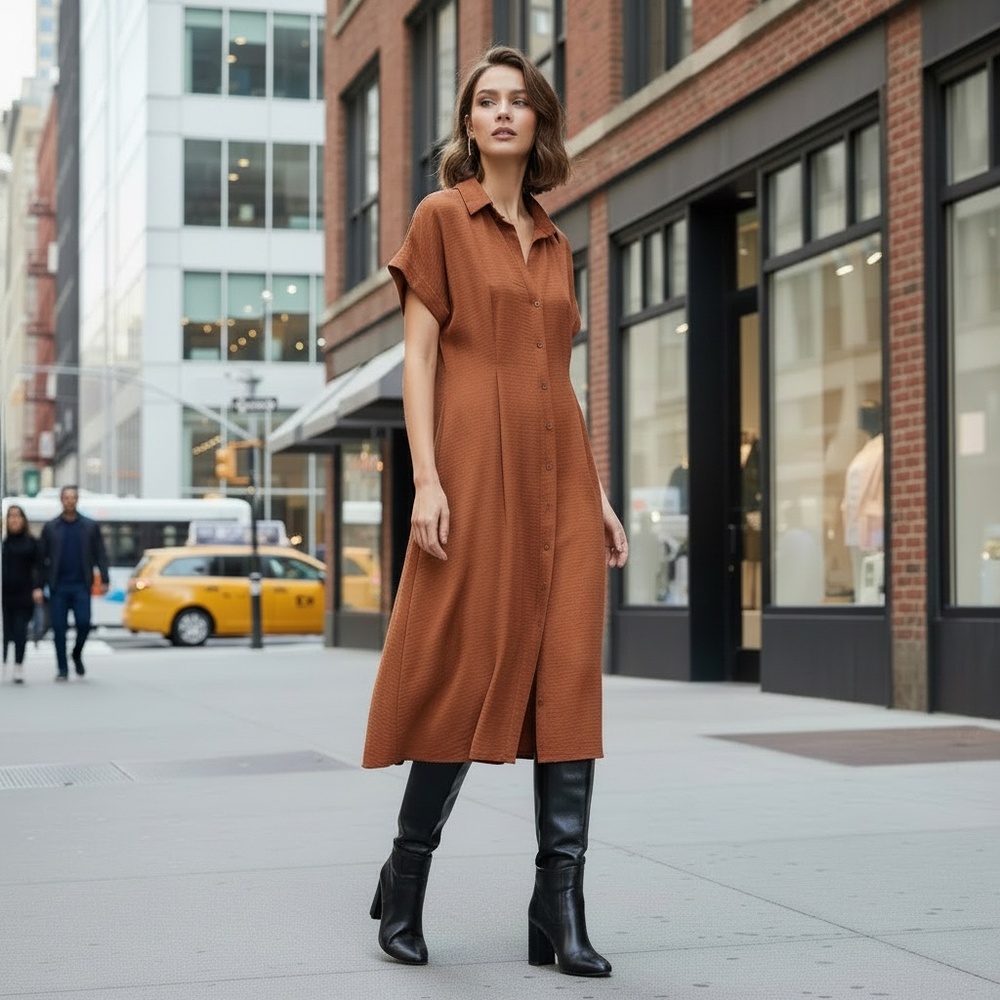 Rust Brown Button Front Midi Dress – Collared Boho Shirt Dress.